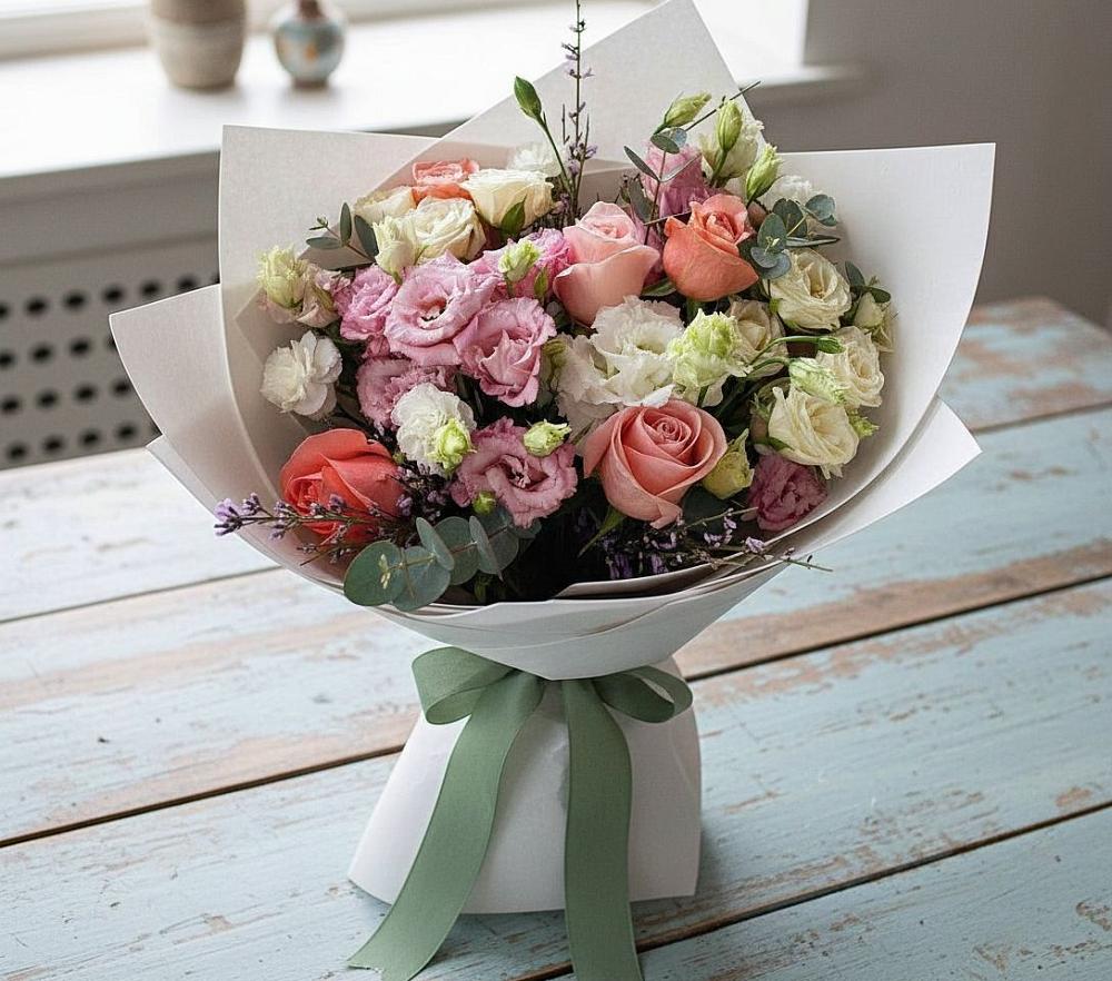 Букет цветов из: Розы, Лизиантусы и Гвоздики в Яр Удмуртия