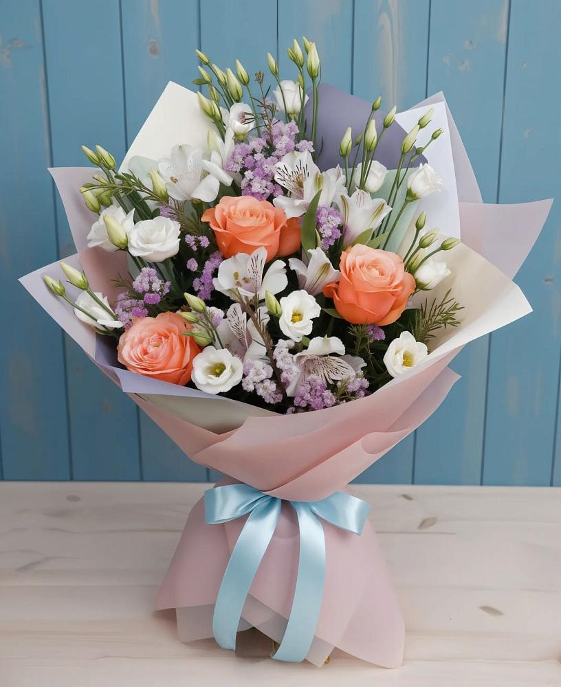 Букет цветов из: Лизиантусы, Розы, Альстромерии и Гипсофила в Яр Удмуртия